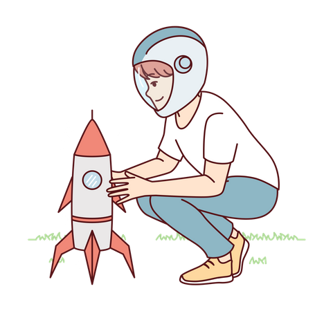 Young man launching rocket  Illustration