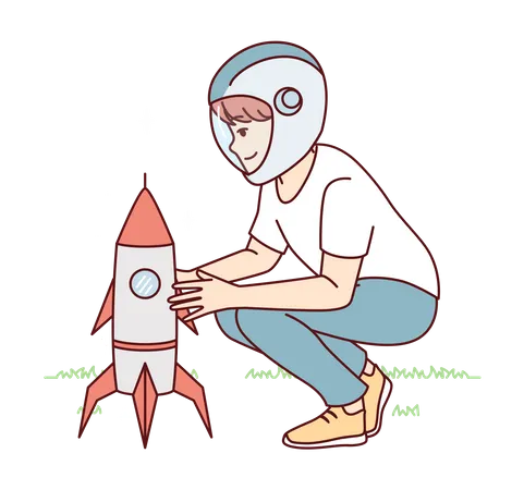 Young man launching rocket  Illustration