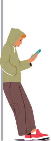 Young Man Leans Against Wall Engrossed In His Smartphone  Illustration