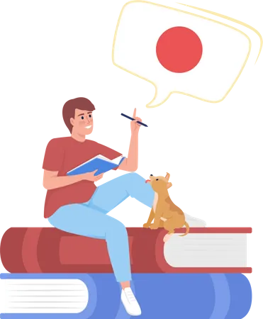 Young man learning japanese by himself Illustration