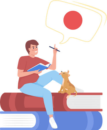 Young man learning japanese by himself  Illustration