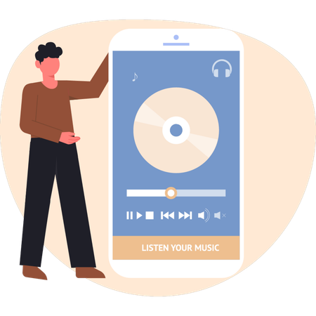 Young man listening music on mobile  Illustration