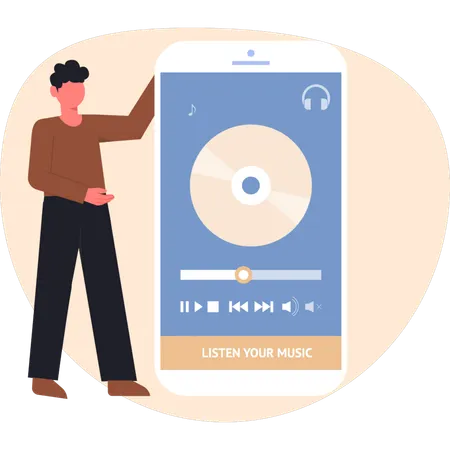 Young man listening music on mobile  Illustration