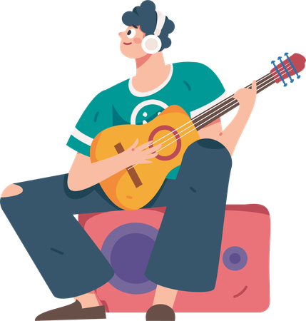 Young man listening music while playing guitar  Illustration