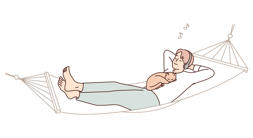 Young man listening song and relaxing on hammock  イラスト