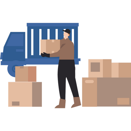 Young man loading cartons into truck  Illustration