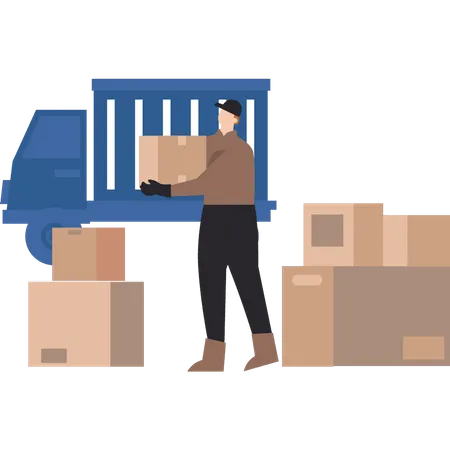 A Boy Is Loading Cartons Into A Truck Illustration