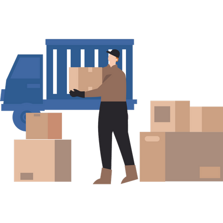 Young man loading cartons into truck  Illustration