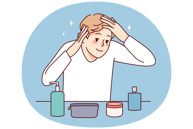 Young man look in mirror do beauty procedures  Illustration