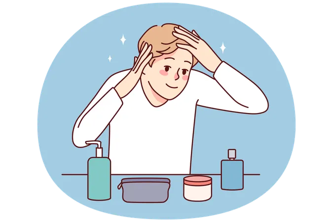 Young man look in mirror do beauty procedures  Illustration