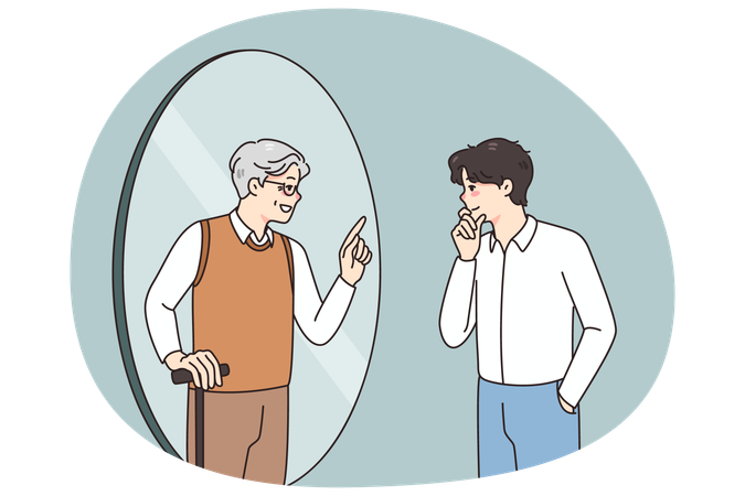 若い男が鏡を見て昔の自分と話す  イラスト