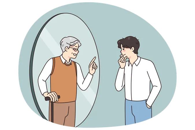 若い男が鏡を見て昔の自分と話す  イラスト