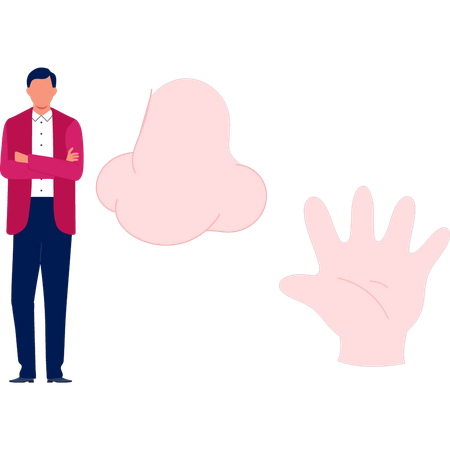 Young man looking about human hand and nose  Illustration