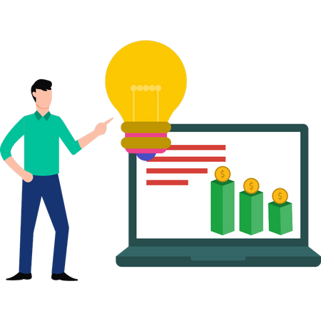 Young man looking at dollar graph  Illustration