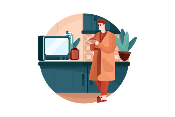 Young man looking at the oven in the kitchen  Illustration