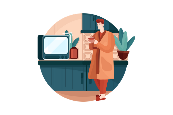 Young man looking at the oven in the kitchen Illustration