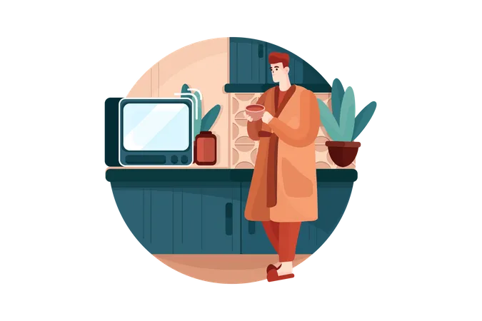 Young man looking at the oven in the kitchen  Illustration