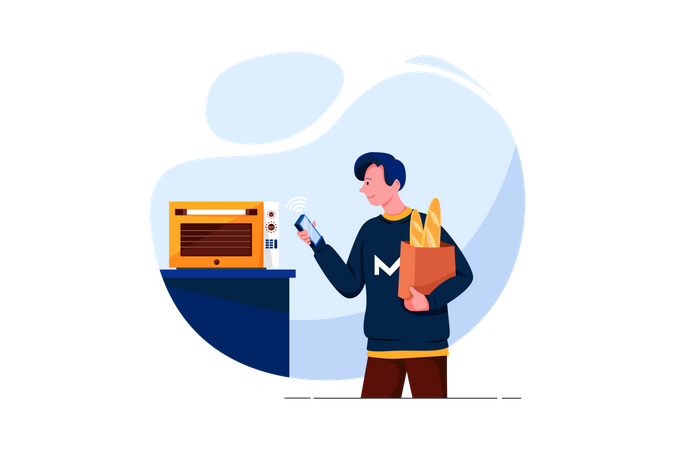 Young man looking at the oven in the kitchen  Illustration