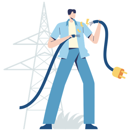 Young man looking disconnected wire  Illustration