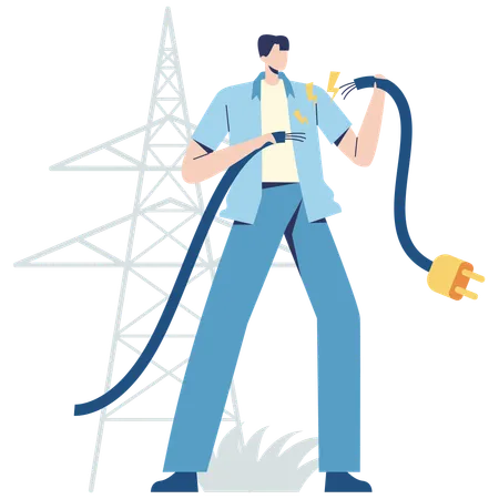 Young man looking disconnected wire  Illustration