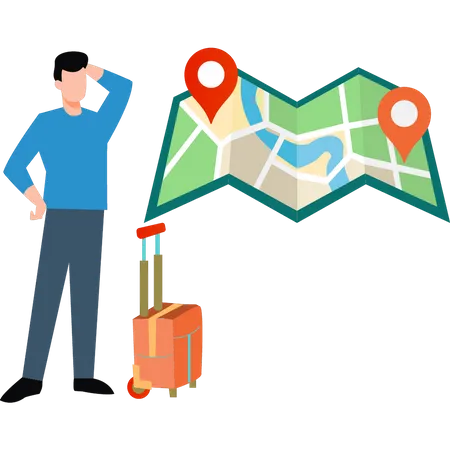 Young man looking for place on map for delivery  Illustration