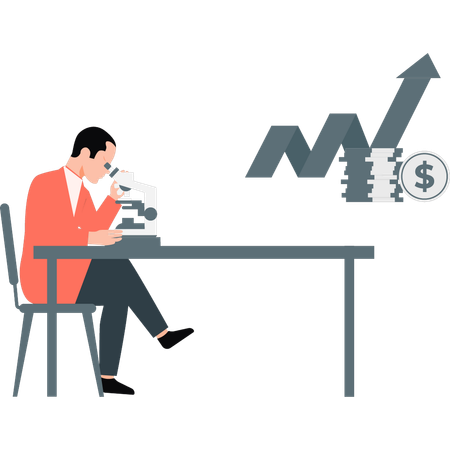 Young man looking graph growth on microscope  Illustration