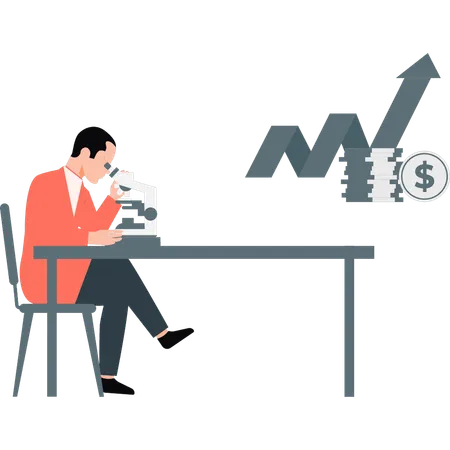 Young man looking graph growth on microscope  Illustration