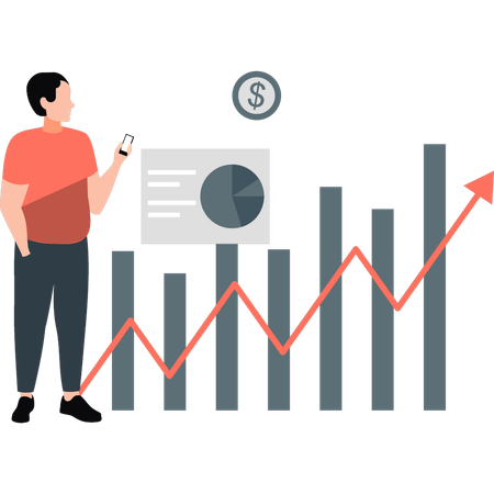 Young man looking graph increasing  Illustration