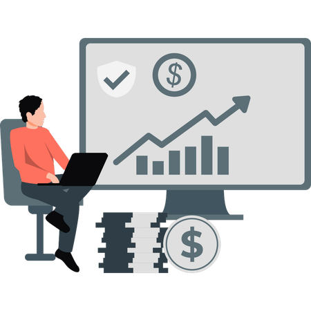 Young man looking growth chart on monitor  Illustration