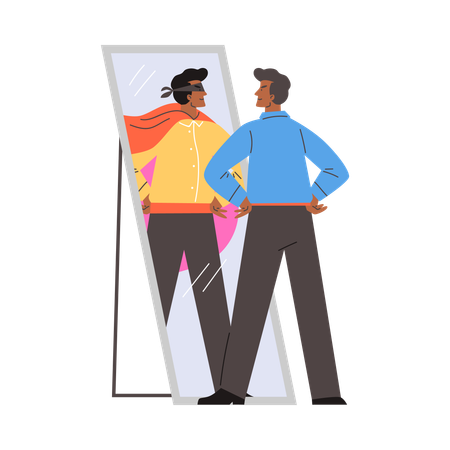 Young man looking in mirror and imagine that he brave superhero in mask and cape  Illustration