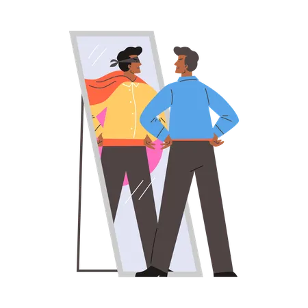 Young man looking in mirror and imagine that he brave superhero in mask and cape  Illustration
