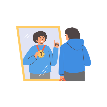 Young man looking in mirror wile watching reflection best sportsman with first place medal  Illustration