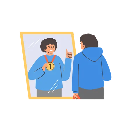 Young man looking in mirror wile watching reflection best sportsman with first place medal  Illustration
