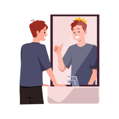 Young man looking in the mirror in the reflection he is best guy with crown shows thumb sign believe in yourself  Illustration