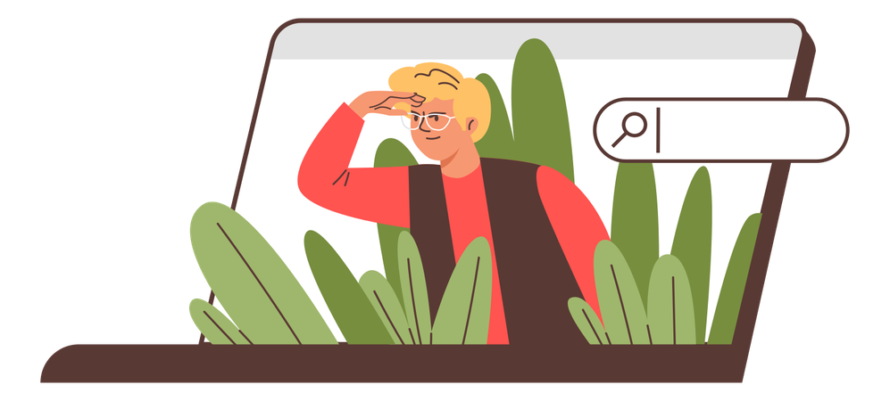 Young man looking out of a laptop  Illustration