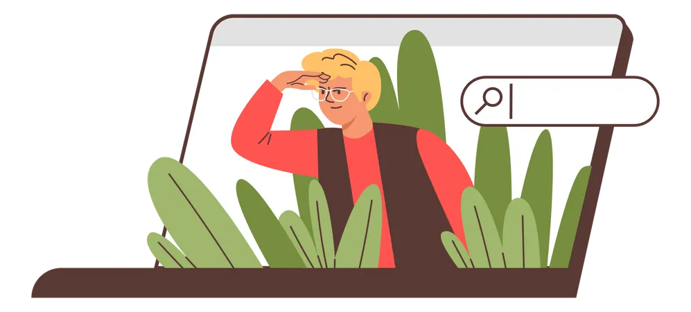 Young man looking out of a laptop  Illustration