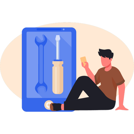 Young man looking repair tool  Illustration