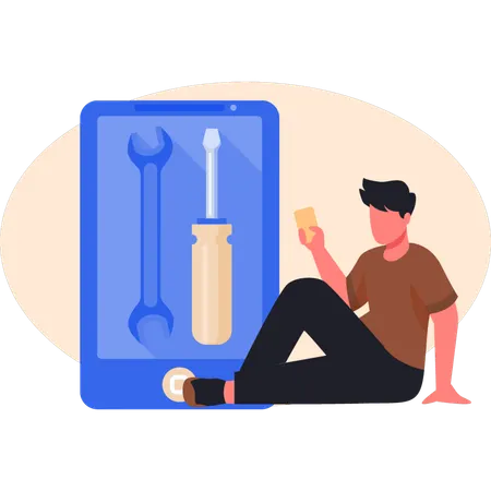 Young man looking repair tool  Illustration