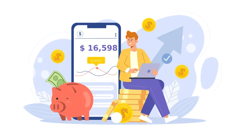 Young man looking saving while getting investment growth  Illustration