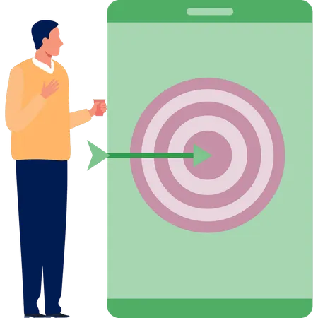 Young man looking target goal on mobile  Illustration