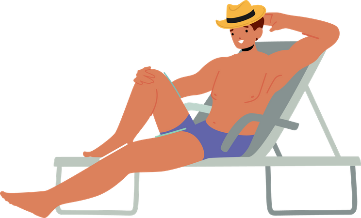 Young Man Lounging on Chaise Lounge on Beach  Illustration