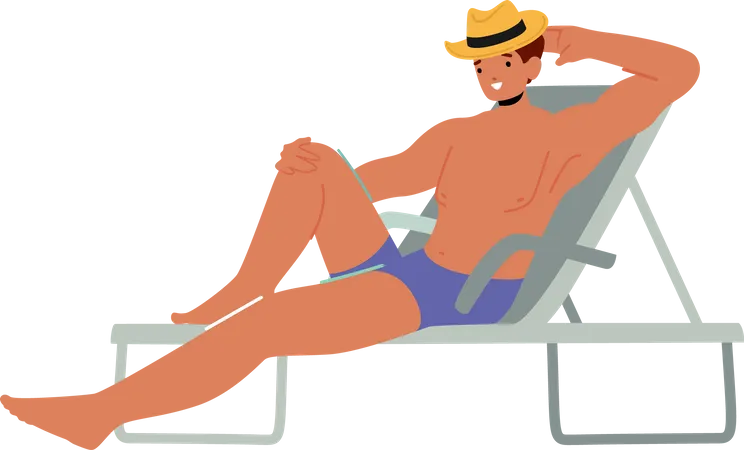 Young Man Lounging on Chaise Lounge on Beach  Illustration