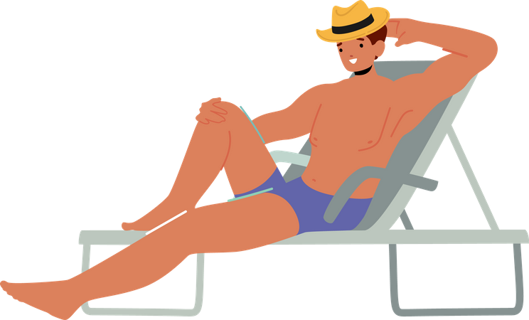 Young Man Lounging on Chaise Lounge on Beach Illustration