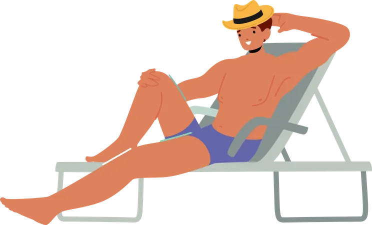Young Man Lounging on Chaise Lounge on Beach Illustration
