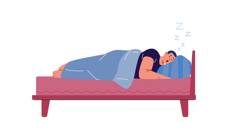 Young man lying in bed and snores loudly with open mouth  Illustration