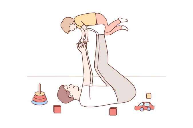 Family Fatherhood Childhood Play Recreation Leisure Concept Joyful Young Man Dad Lying On Carpet Floor Lifting Excited Happy Little Child Kid Son At Home Having Fun And Fathers Day Illustration Illustration