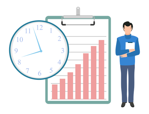 Young man making analysis report on time  Illustration