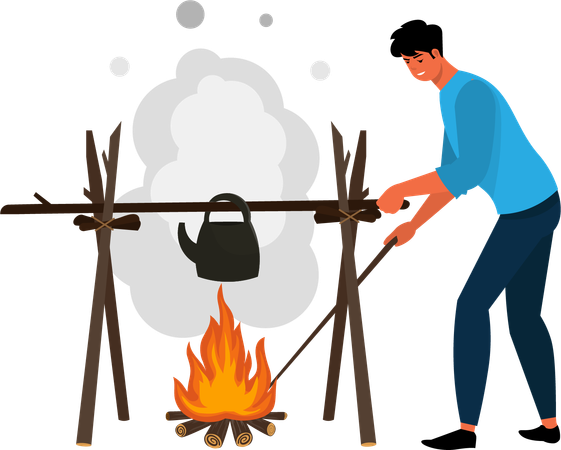 Young man making food in camping  Illustration