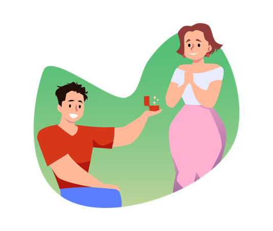 Young man making marriage proposal to smiling girl  Illustration