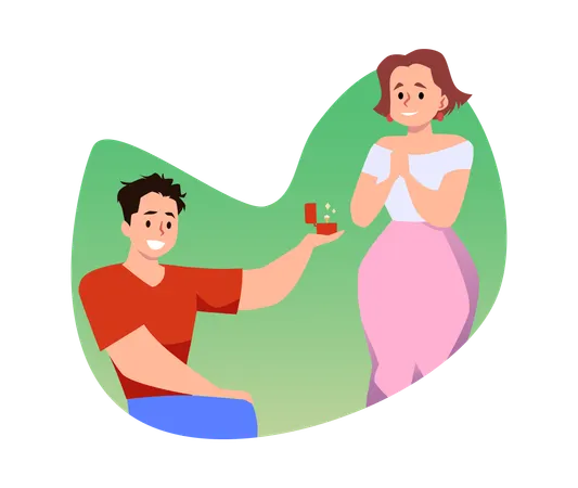 Young man making marriage proposal to smiling girl  Illustration